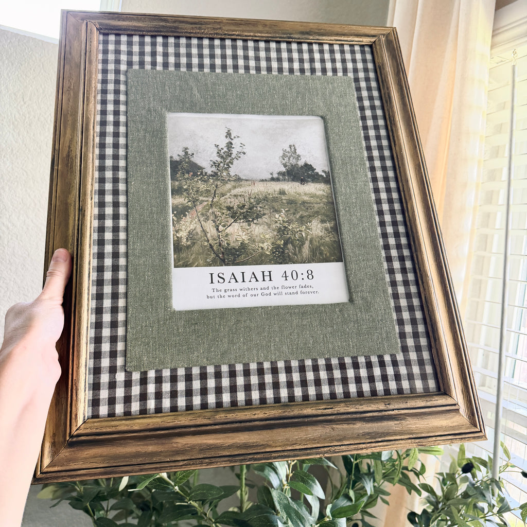 Isaiah 40:8 Bible Verse Print in Large Vintage Wood Refinished Frame with Layered Fabric Mat 18x22