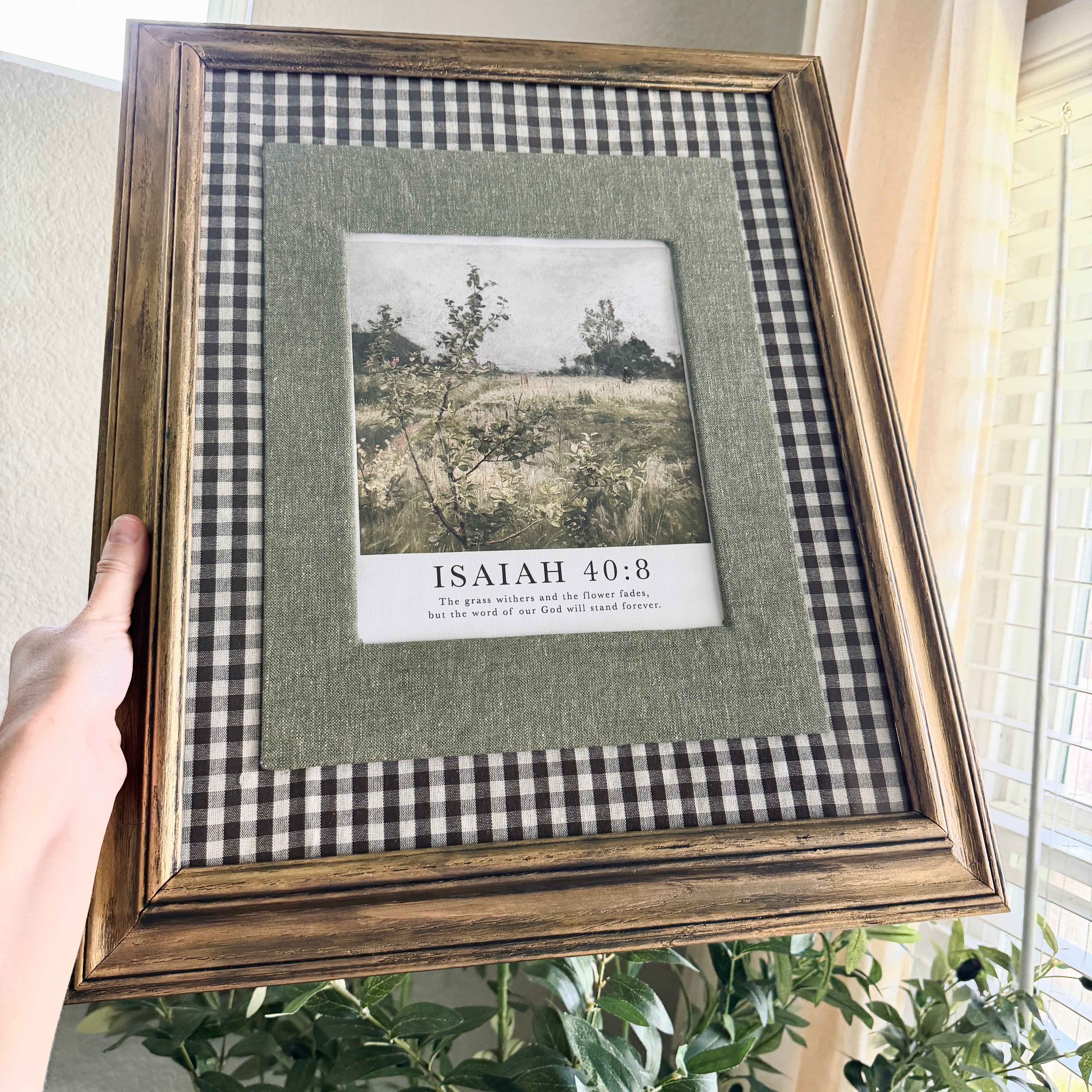 Isaiah 40:8 Bible Verse Print in Large Vintage Wood Refinished Frame with Layered Fabric Mat 18x22