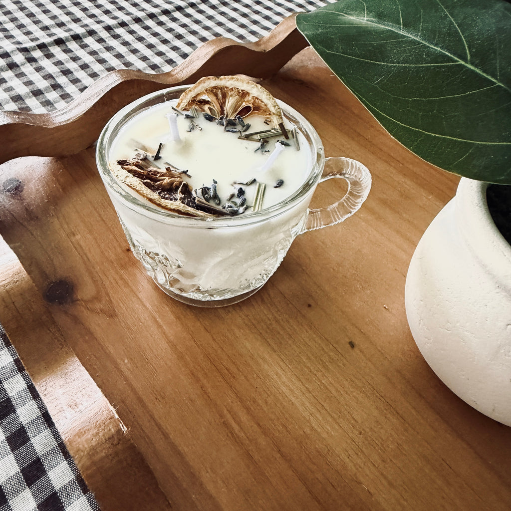 Clean Ingredient Hand Poured Candle in Vintage Paisley Pressed Glass Tea Cup
