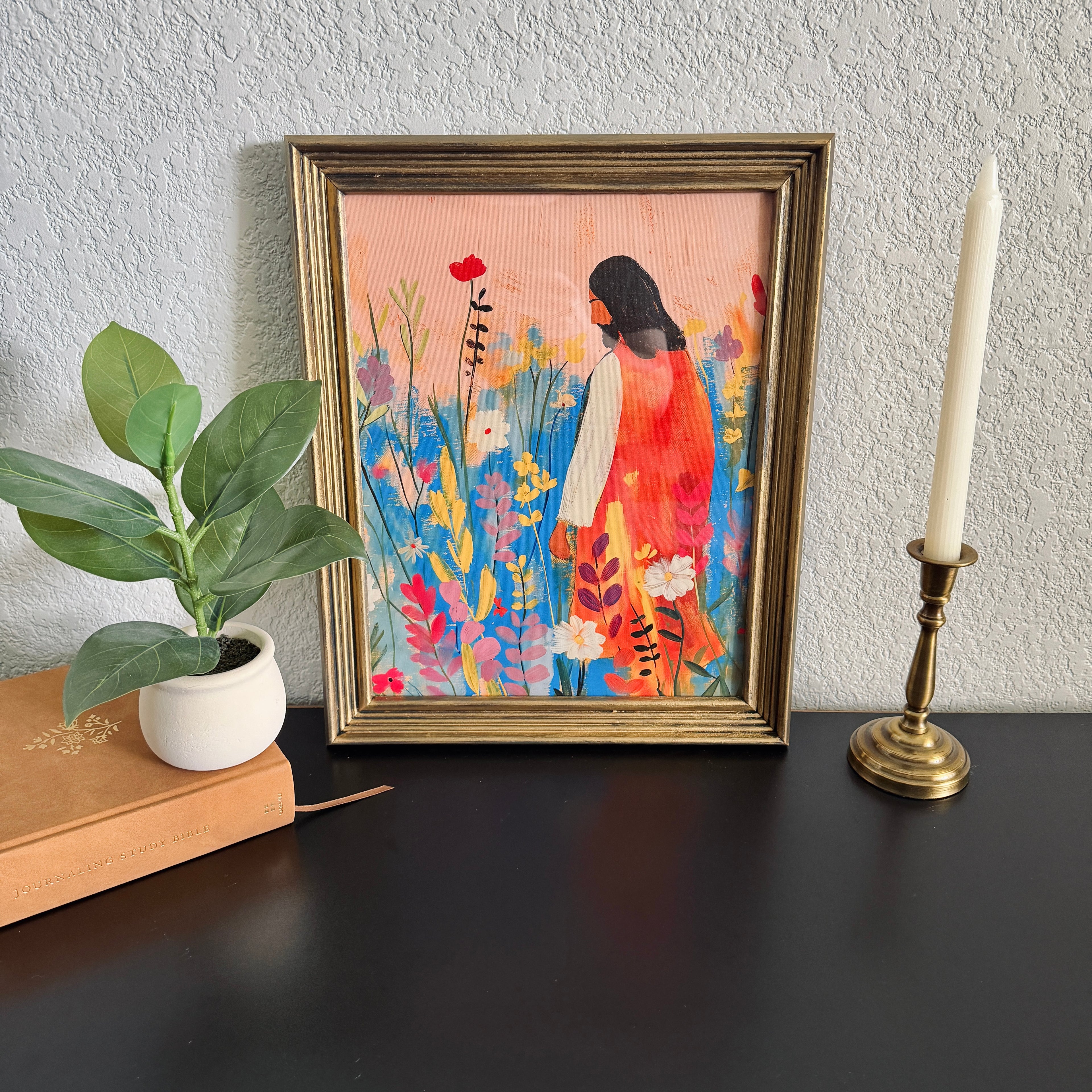 Bloom with Christ Print in Vintage Wood Refinished Frame 11x14