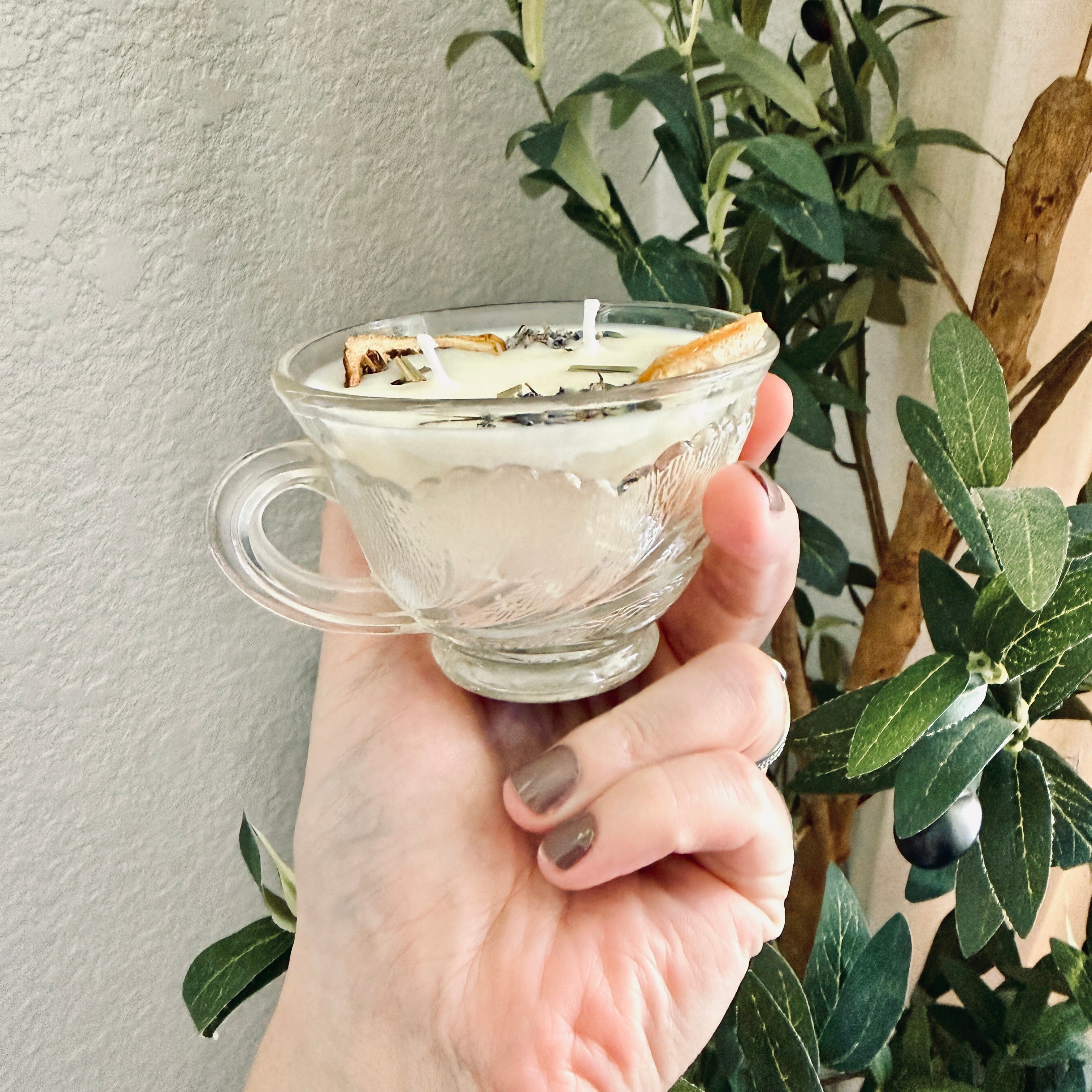 Clean Ingredient Hand Poured Candle in Vintage Leaves Pressed Glass Tea Cup