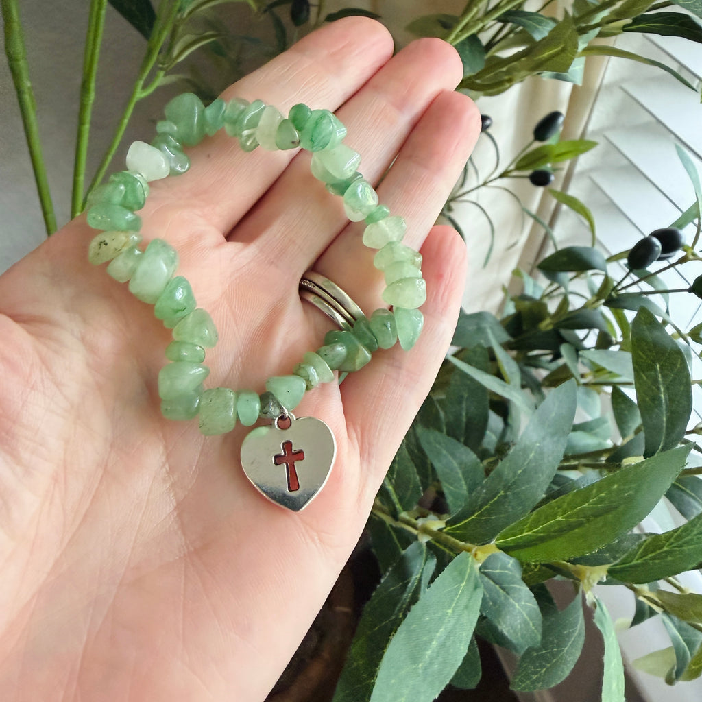 “King of my Heart” Handmade Glass Bead Stretch Bracelet with Heart w/ Cross Charm