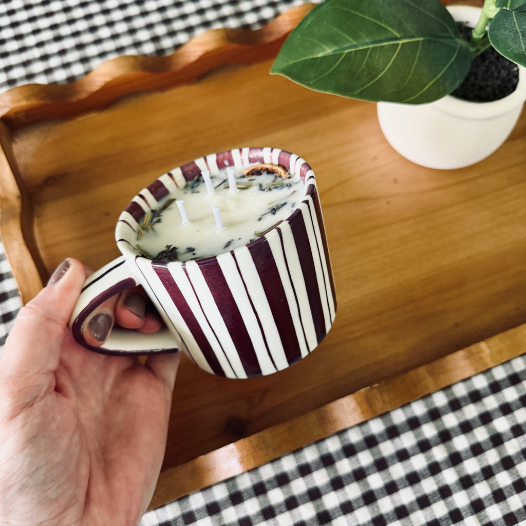 Clean Ingredient Hand Poured Candle in Maroon Striped Noon & Moon Glass Mug