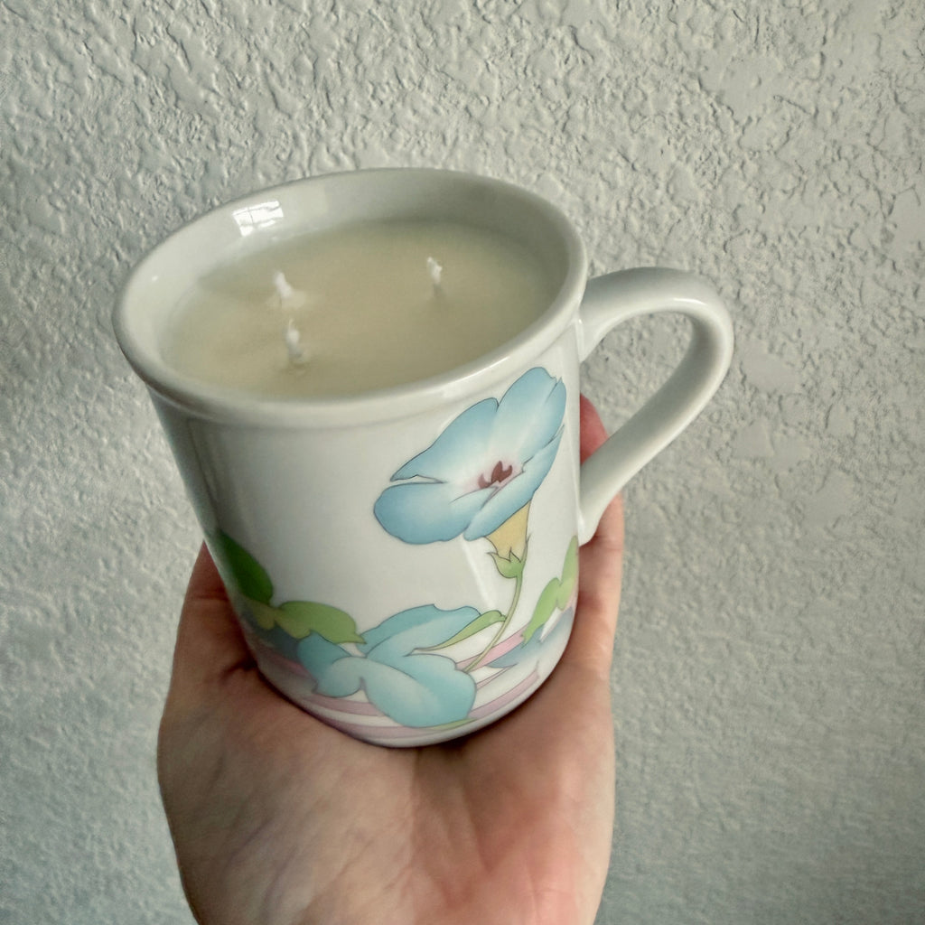 Clean Ingredient Hand Poured Candle in Vintage Japanese Floral Mug with Lid