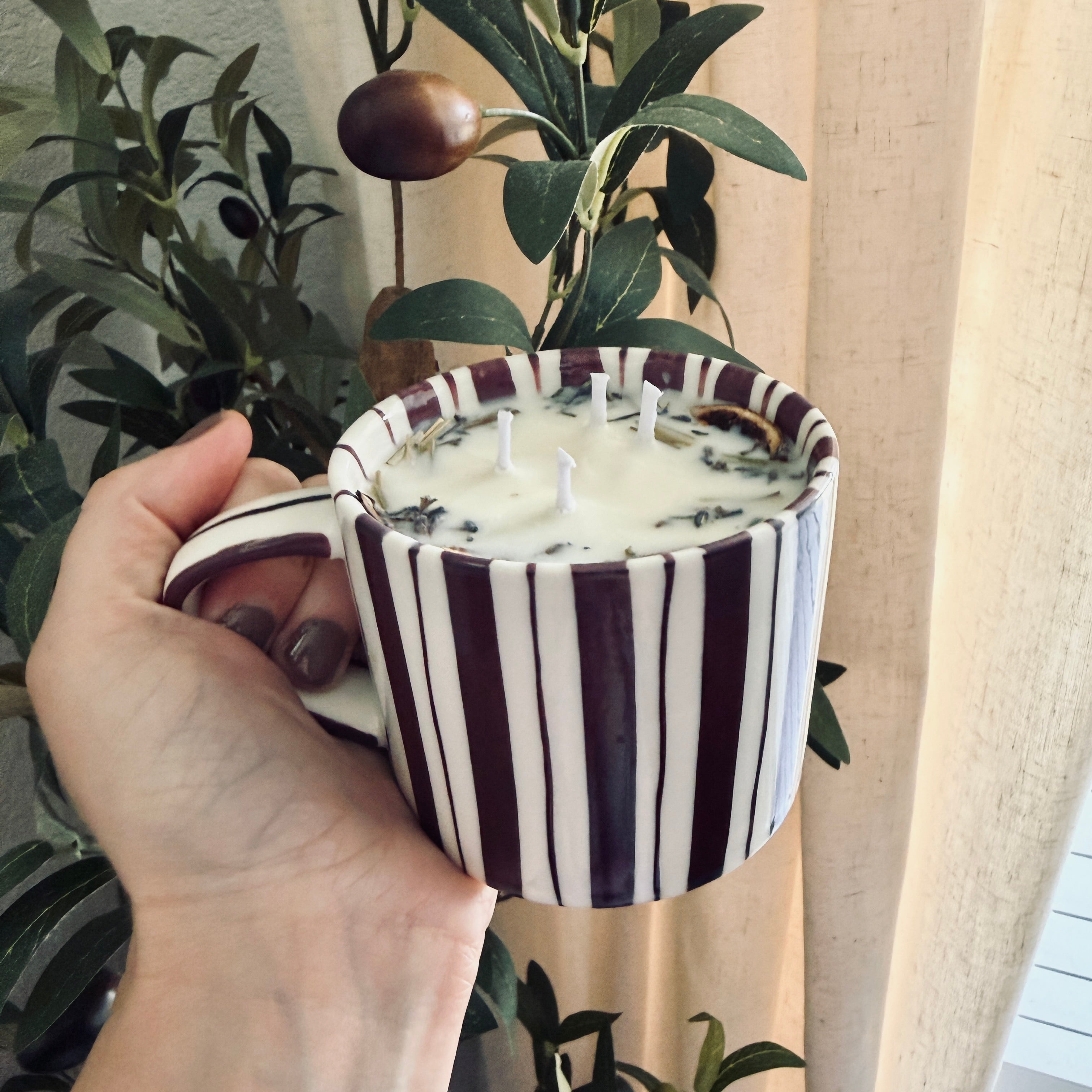 Clean Ingredient Hand Poured Candle in Maroon Striped Noon & Moon Glass Mug