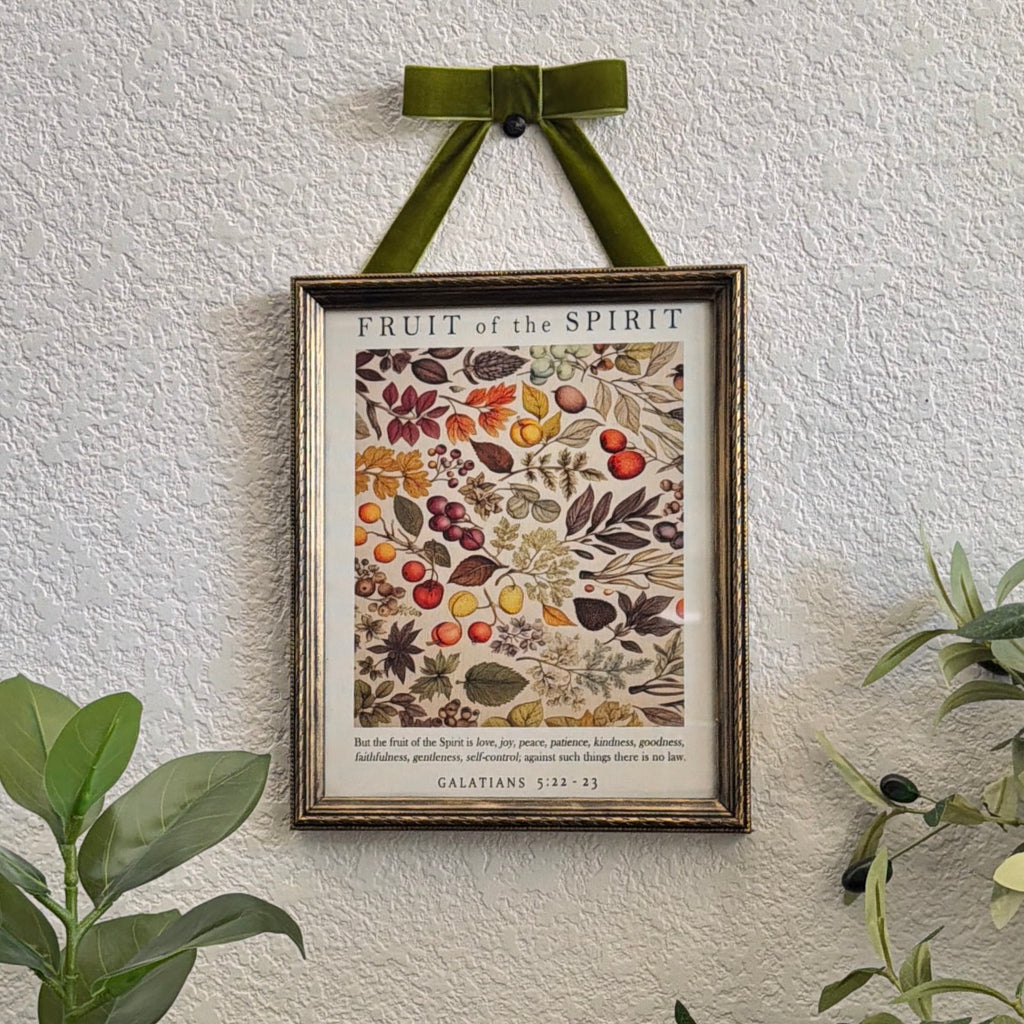 Fruit of the Spirit Bible Verse in Refinished Vintage Detailed Wood Frame with Velvet Bow Hanger 8x10