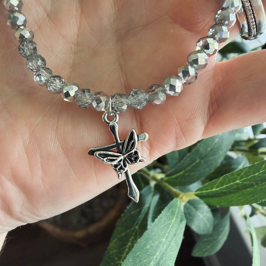 “New Creation” Handmade Glass Bead Stretch Bracelet with Butterfly Cross Charm