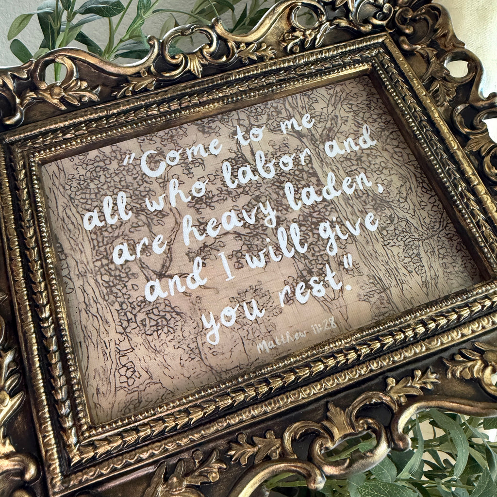 Set of 3 “Rest in Jesus” Bible Verse in Refinished Vintage Frames 5x7s & 8x10 Matthew 11:28