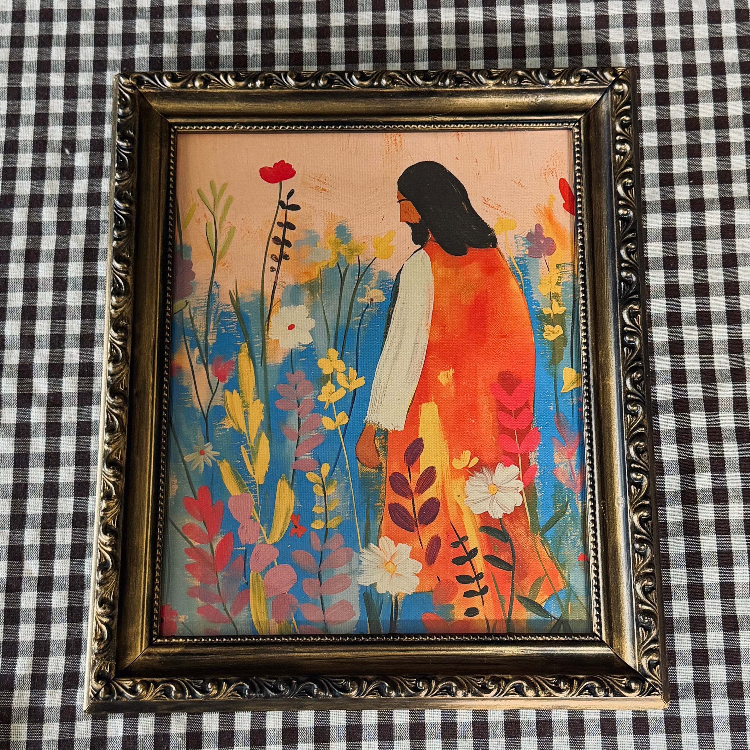 “Bloom with Christ” Jesus in Flowers in Refinished Vintage Detailed Ornate Wood Frame 8x10