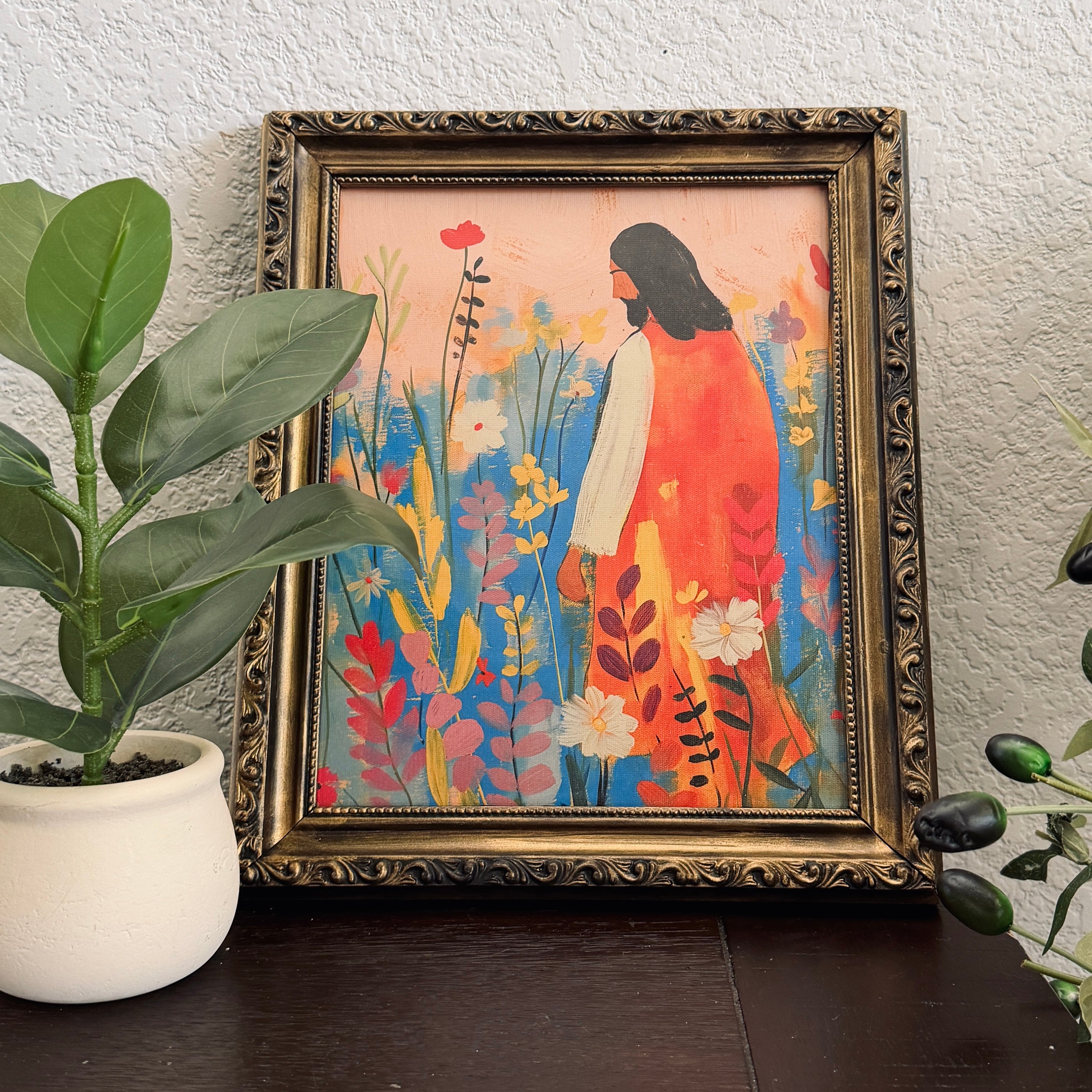 “Bloom with Christ” Jesus in Flowers in Refinished Vintage Detailed Ornate Wood Frame 8x10