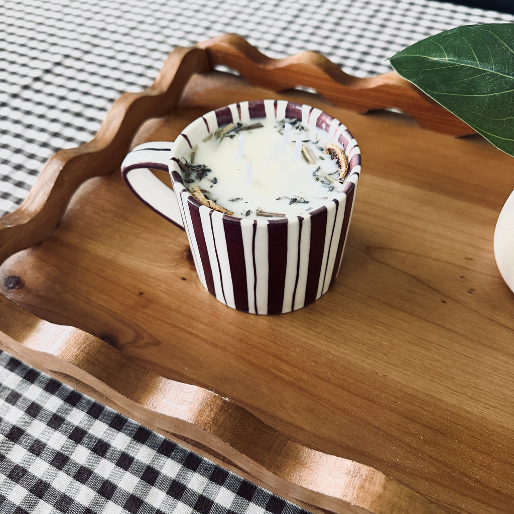 Clean Ingredient Hand Poured Candle in Maroon Striped Noon & Moon Glass Mug
