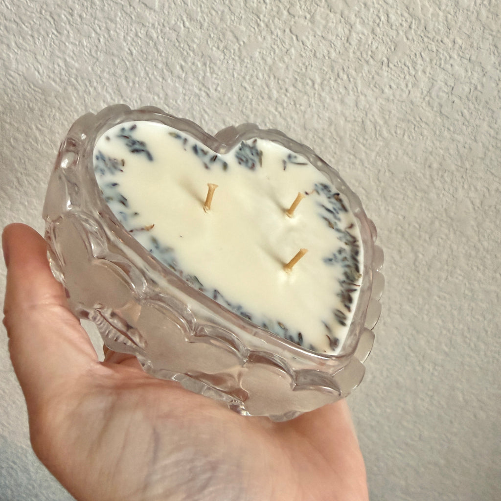 Clean Ingredient Hand Poured Candle in Vintage Heart Shaped Lidded Pressed Glass Trinket Dish