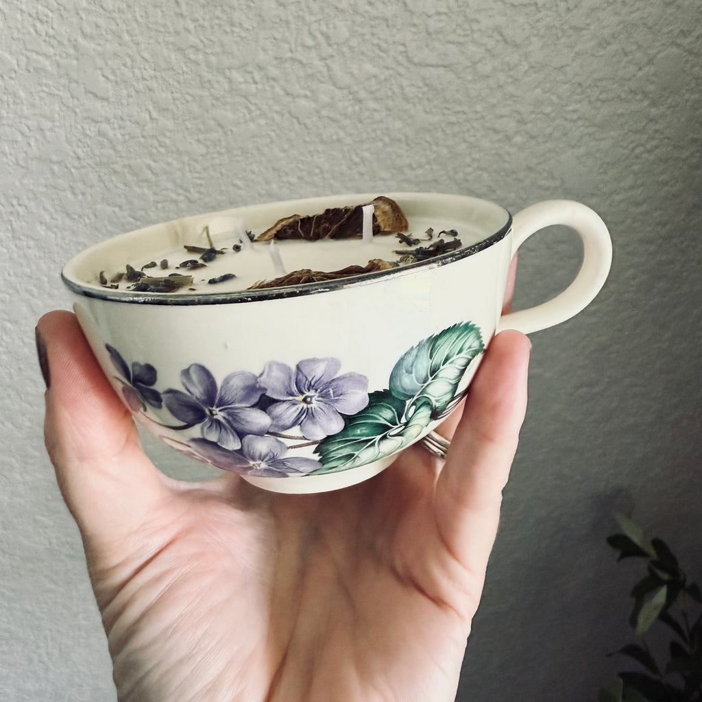 Clean Ingredient Hand Poured Candle in Vintage Purple Flower Large Glass Tea Cup