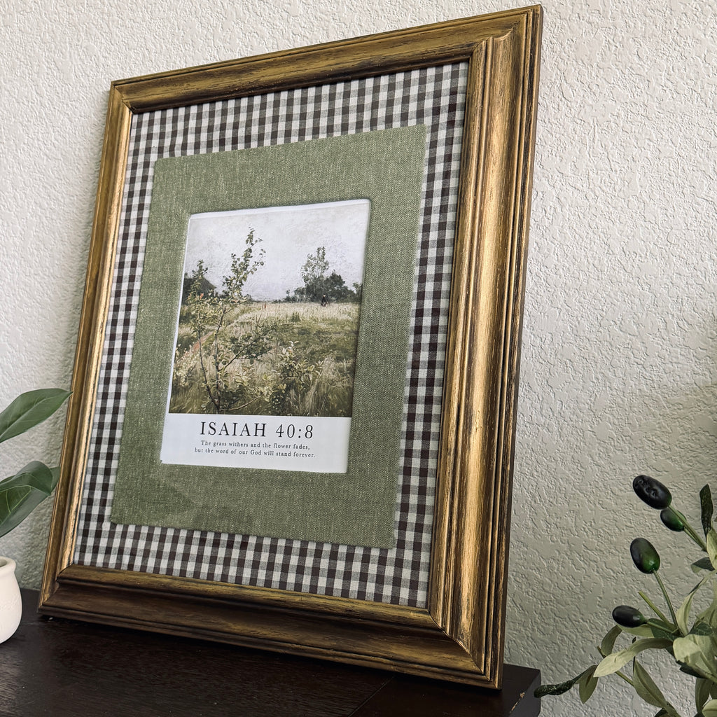 Isaiah 40:8 Bible Verse Print in Large Vintage Wood Refinished Frame with Layered Fabric Mat 18x22