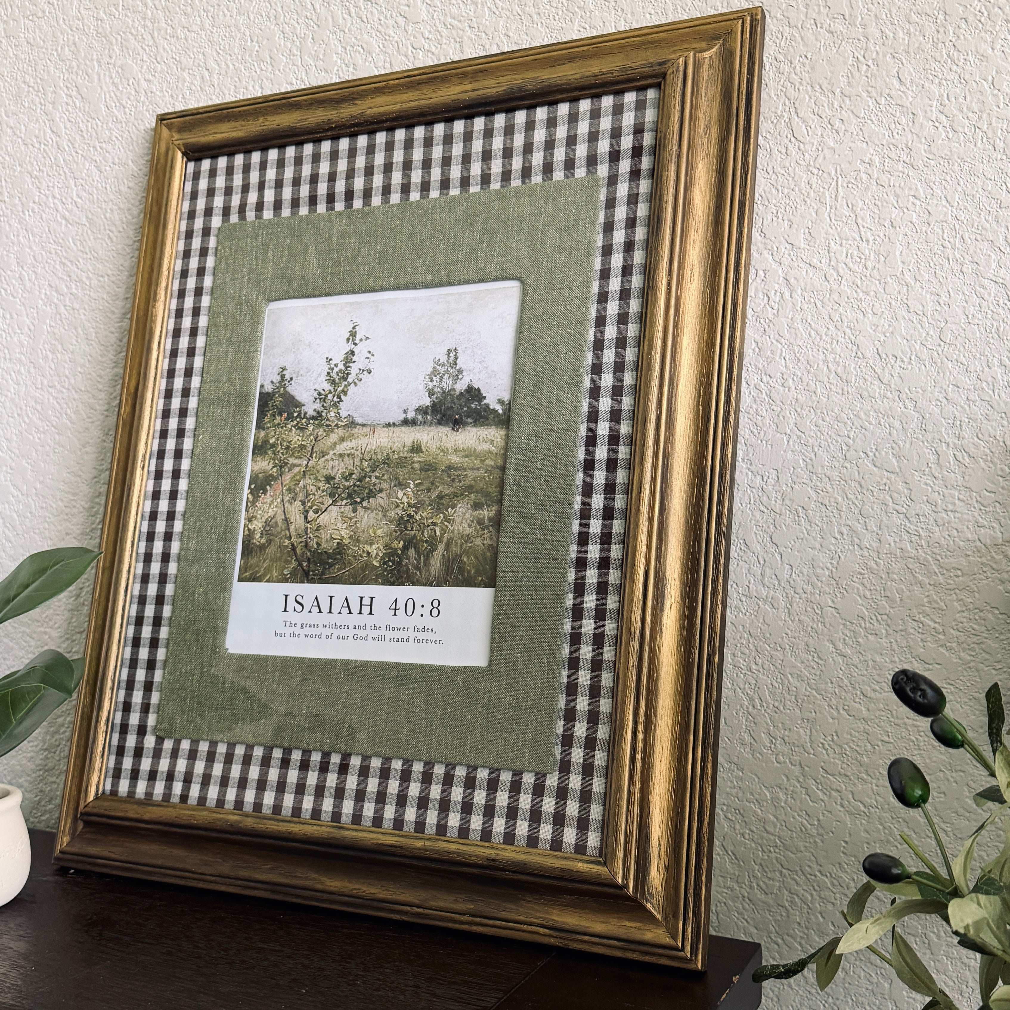 Isaiah 40:8 Bible Verse Print in Large Vintage Wood Refinished Frame with Layered Fabric Mat 18x22