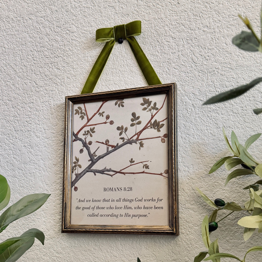 Romans 8:28 “God Works for the Good” Bible Verse in Refinished Vintage Detailed Wood Frame with Velvet Bow Hanger 8x10