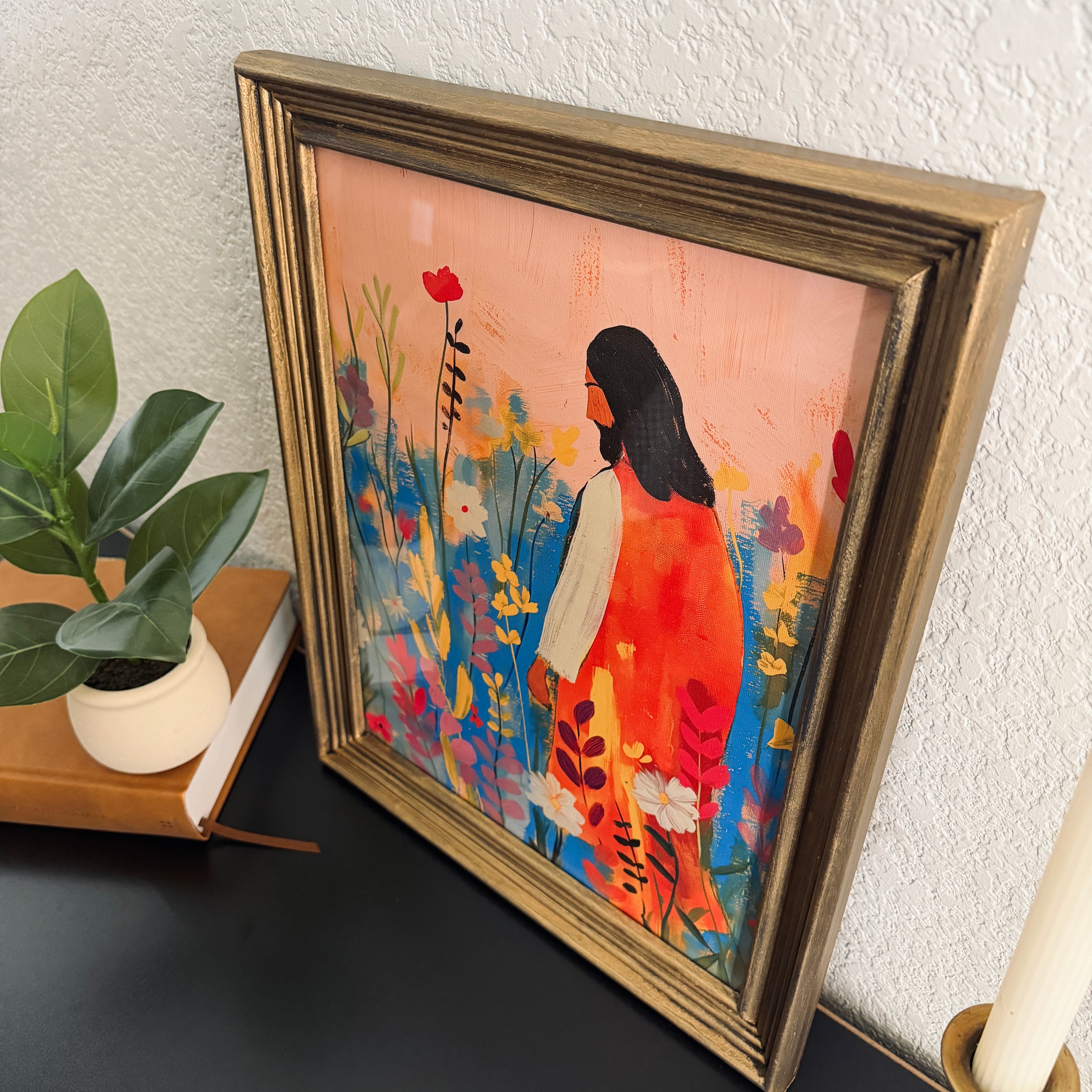 Bloom with Christ Print in Vintage Wood Refinished Frame 11x14