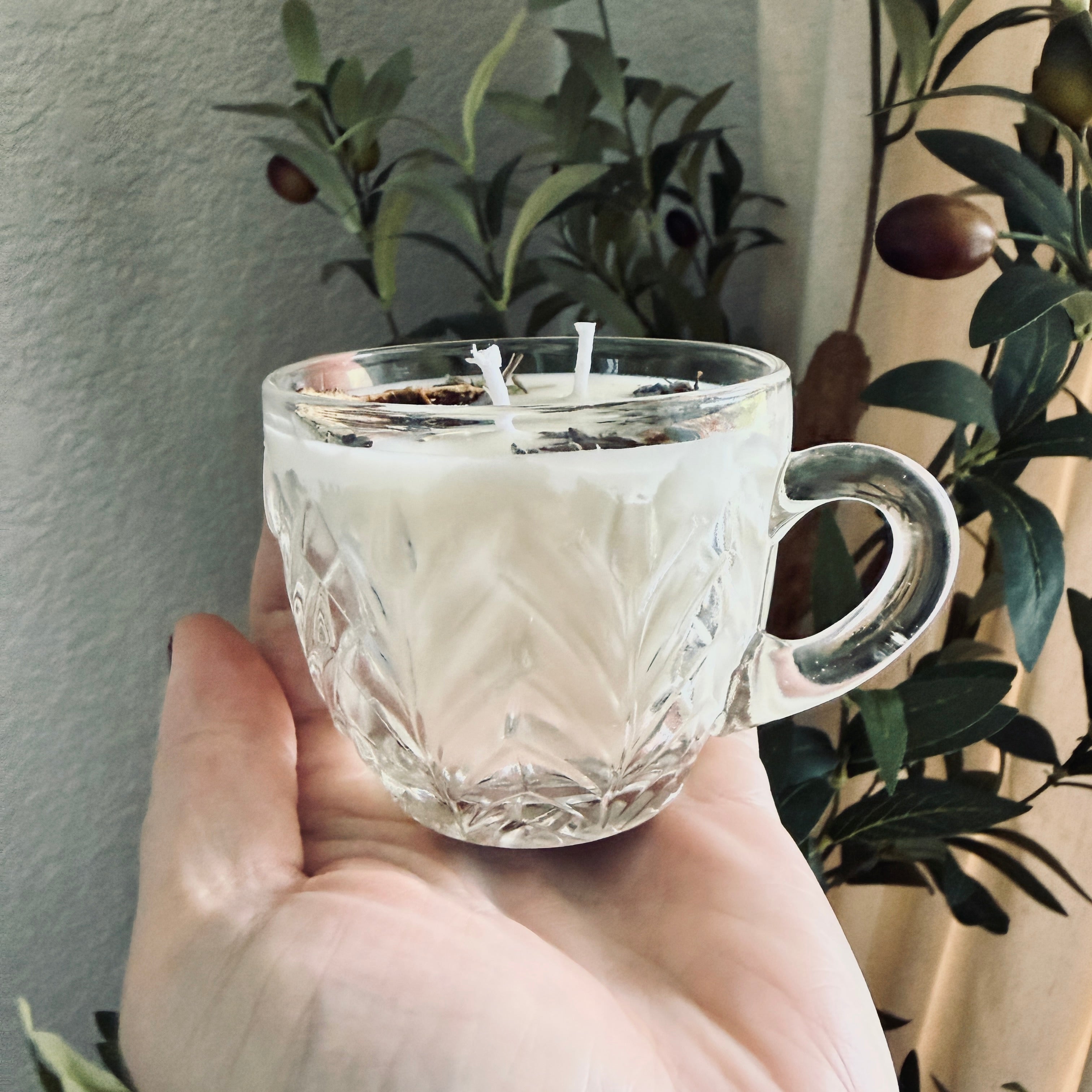Clean Ingredient Hand Poured Candle in Vintage Herringbone Pressed Glass Tea Cup