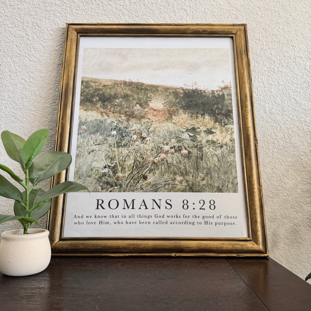 Romans 8:28 Bible Verse Print in Refinished Vintage Distressed Wood Frame 16x20