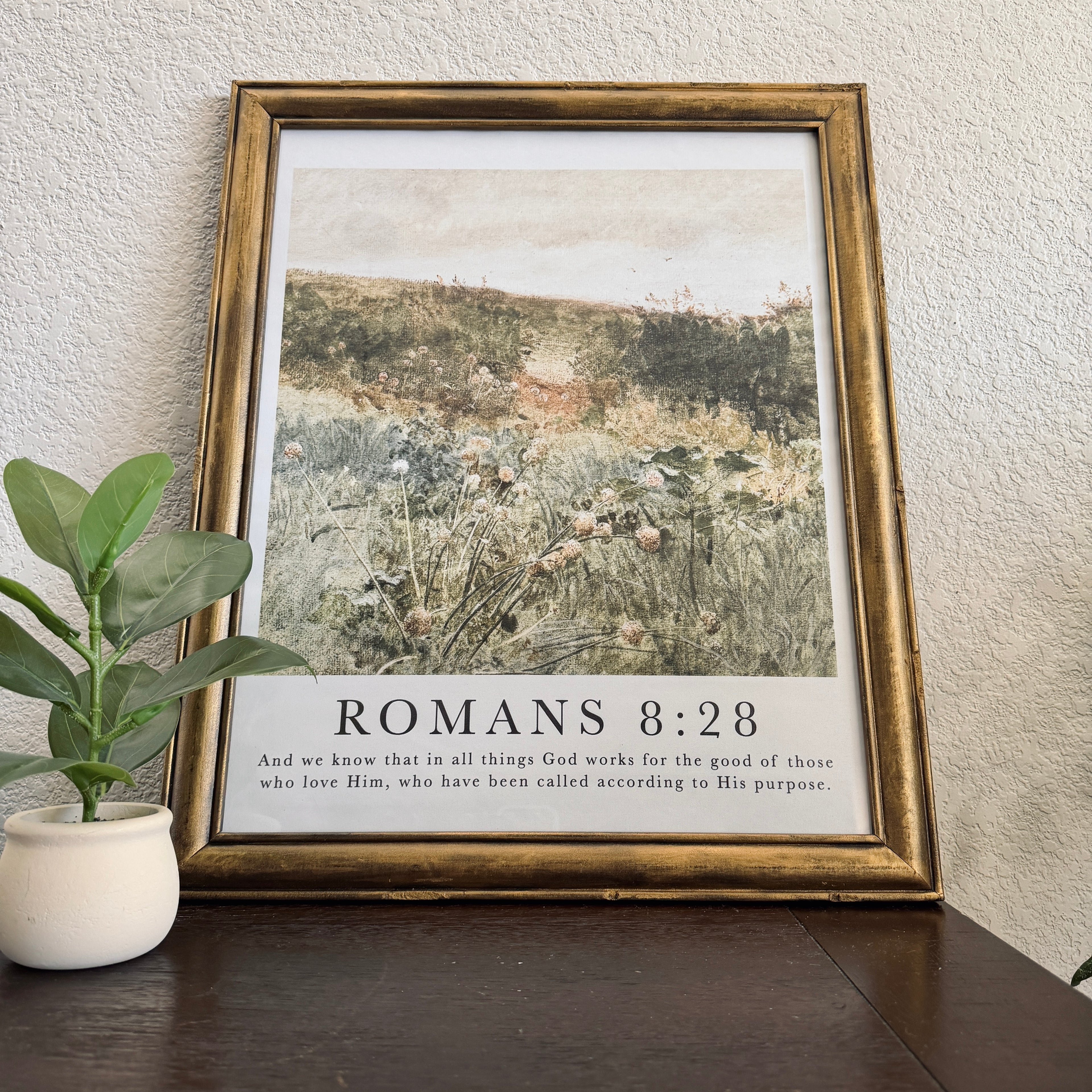 Romans 8:28 Bible Verse Print in Refinished Vintage Distressed Wood Frame 16x20