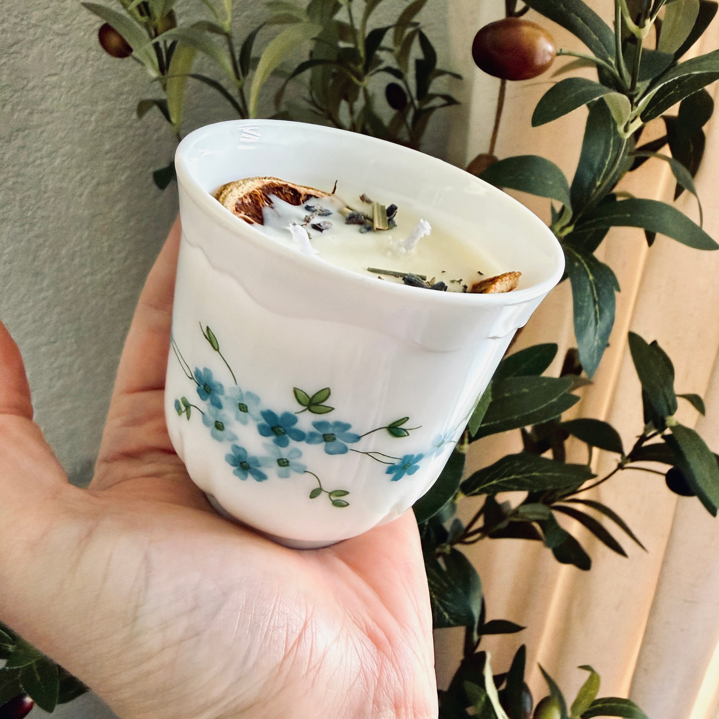 Clean Ingredient Hand Poured Candle in Vintage Blue Flower Tea Cup