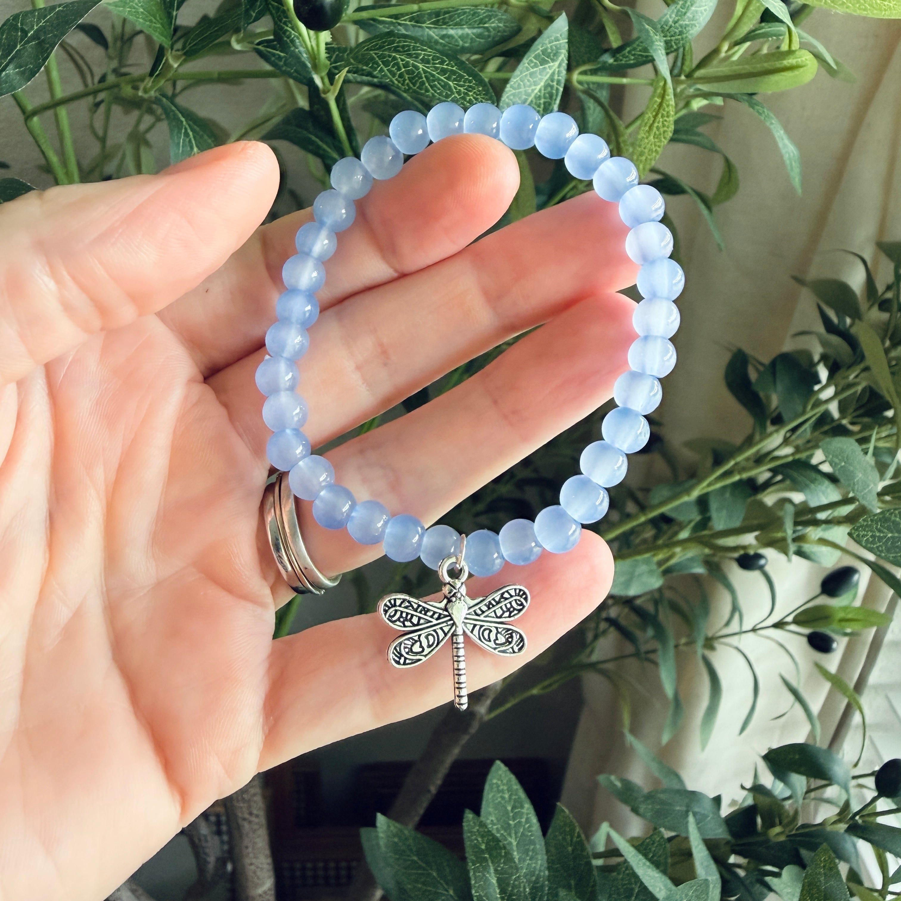 “Under His Wings” Handmade Glass Bead Stretch Bracelet with Dragonfly Charm