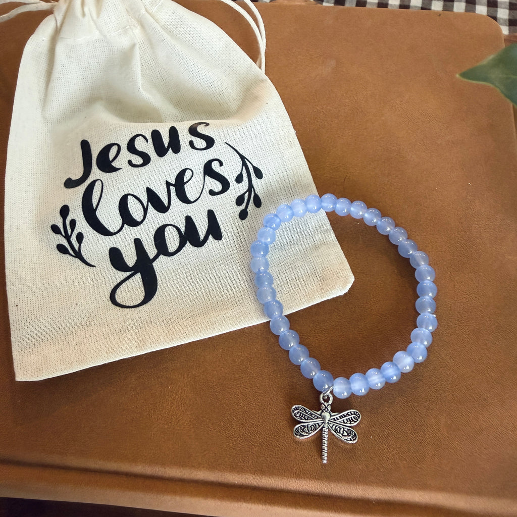 “Under His Wings” Handmade Glass Bead Stretch Bracelet with Dragonfly Charm