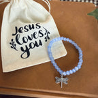 “Under His Wings” Handmade Glass Bead Stretch Bracelet with Dragonfly Charm