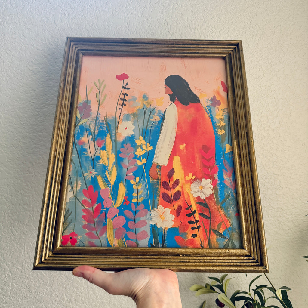 Bloom with Christ Print in Vintage Wood Refinished Frame 11x14