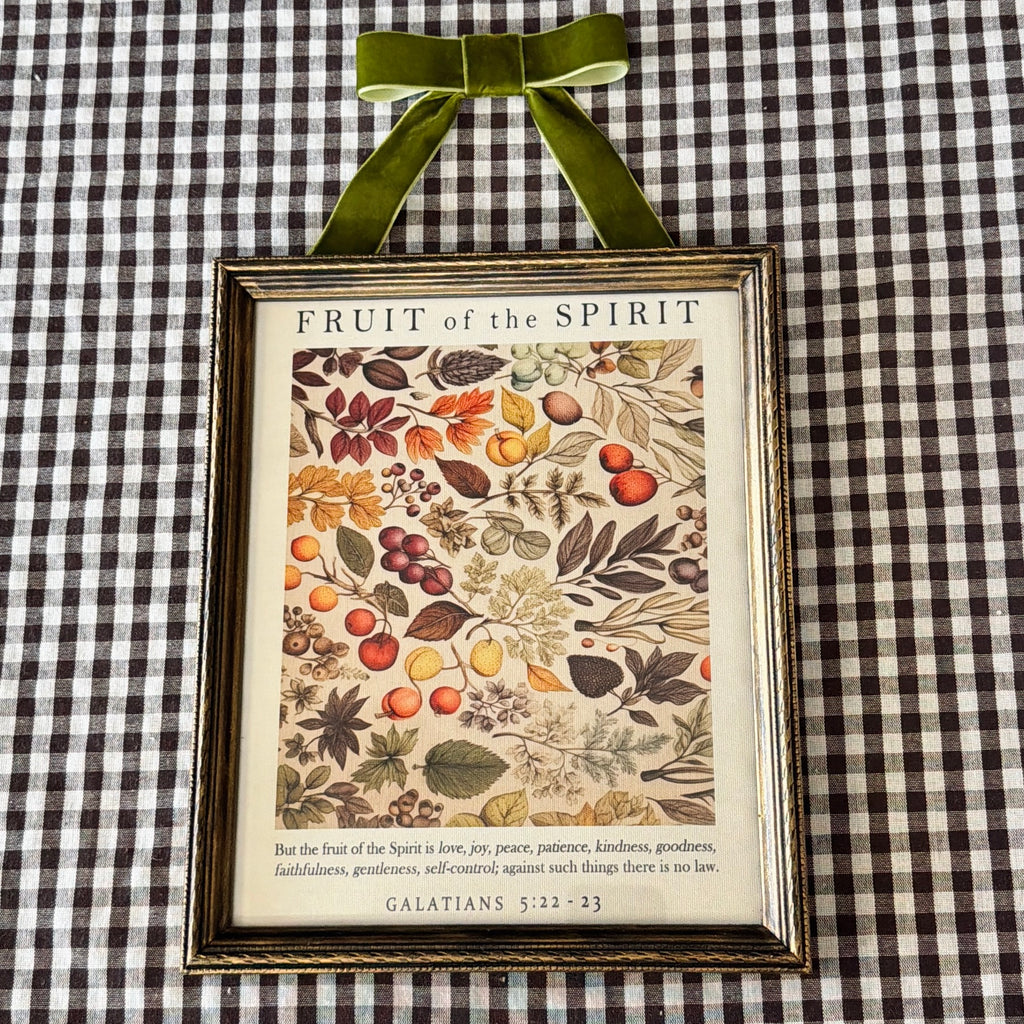 Fruit of the Spirit Bible Verse in Refinished Vintage Detailed Wood Frame with Velvet Bow Hanger 8x10