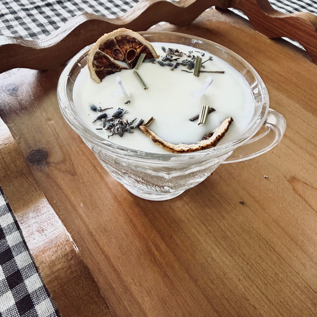 Clean Ingredient Hand Poured Candle in Vintage Leaves Pressed Glass Tea Cup