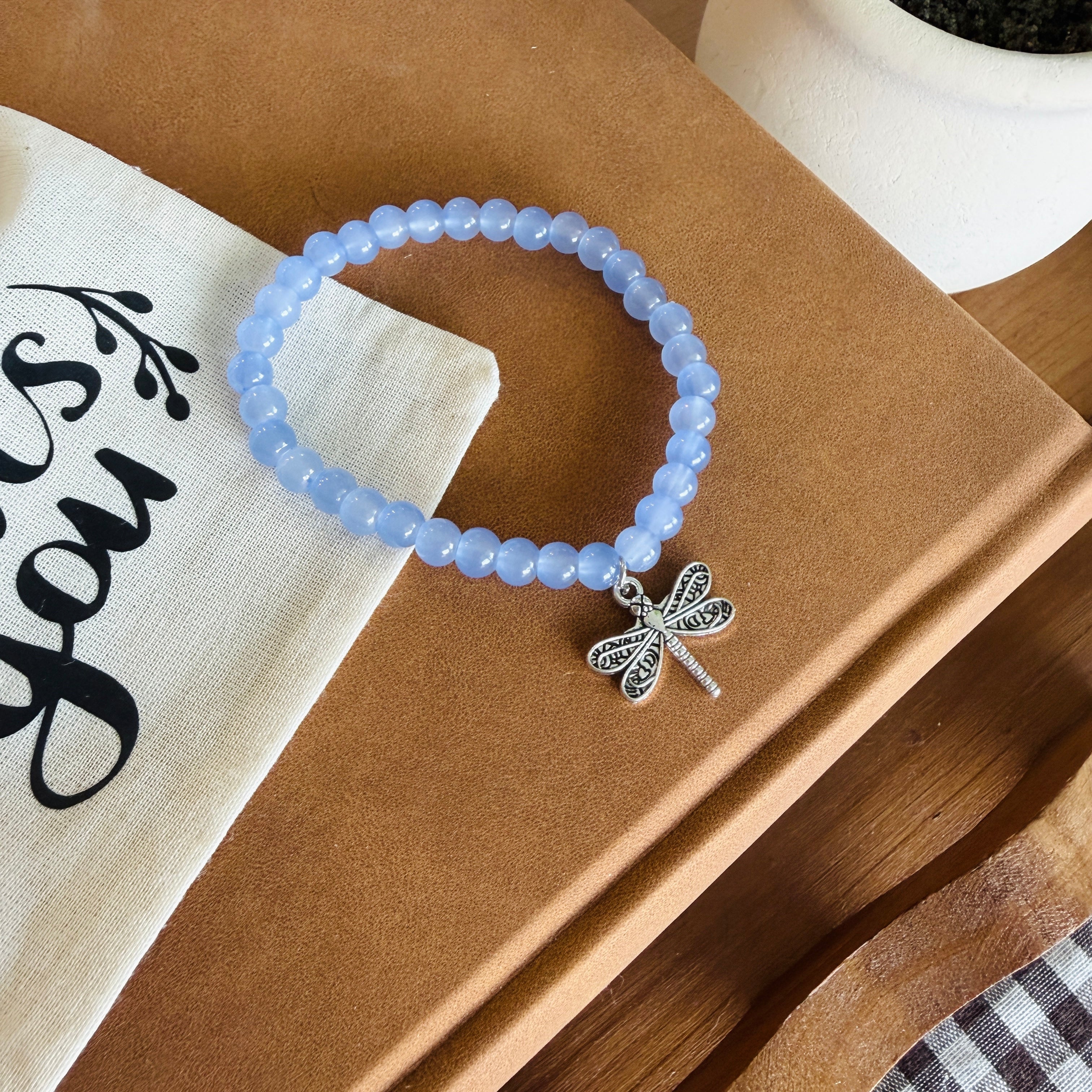 “Under His Wings” Handmade Glass Bead Stretch Bracelet with Dragonfly Charm