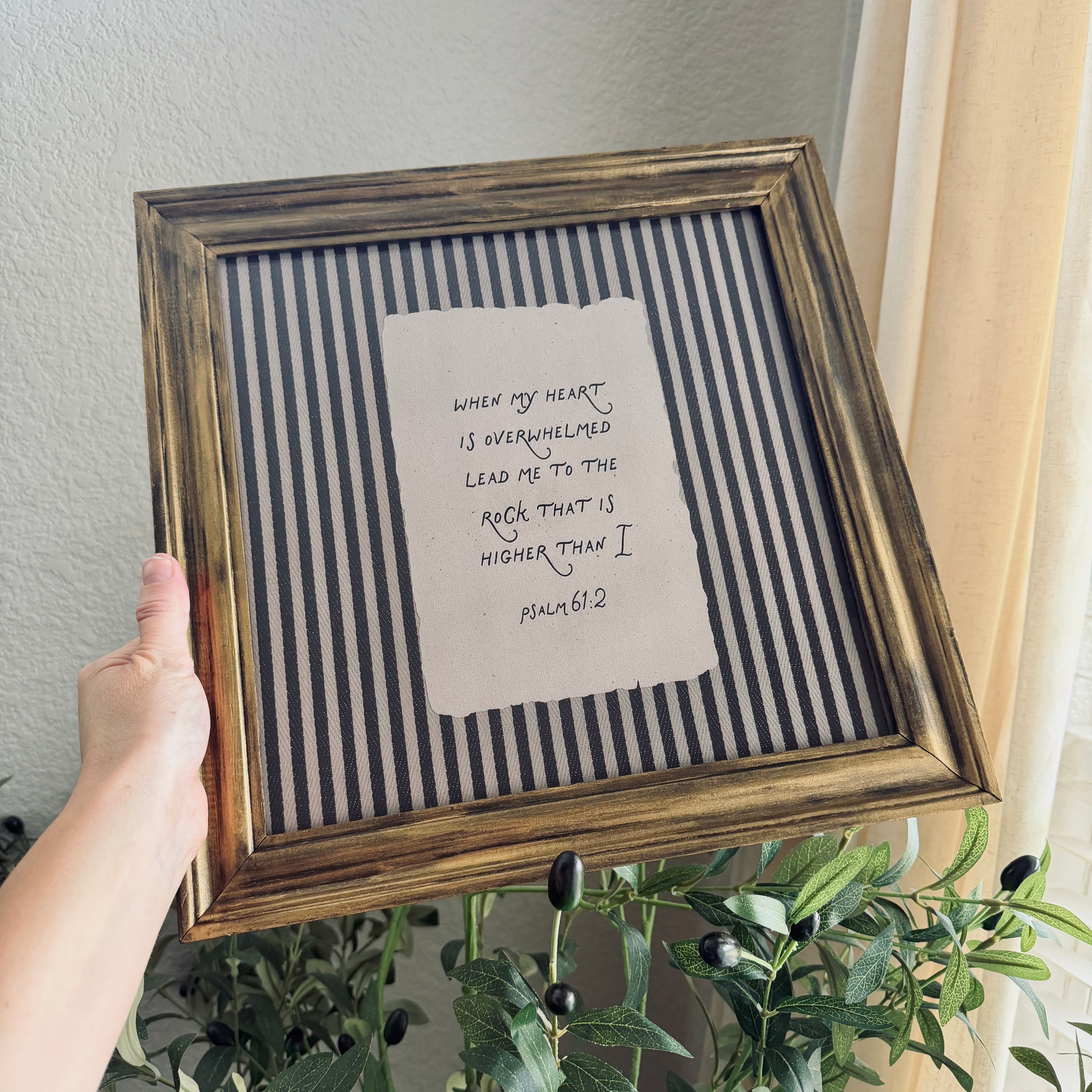 Psalm 61:2 “Lead me to the Rock” Verse Print in Refinished Vintage Wood Frame 14.5x14.5