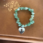 “King of my Heart” Handmade Glass Bead Stretch Bracelet with Heart w/ Cross Charm
