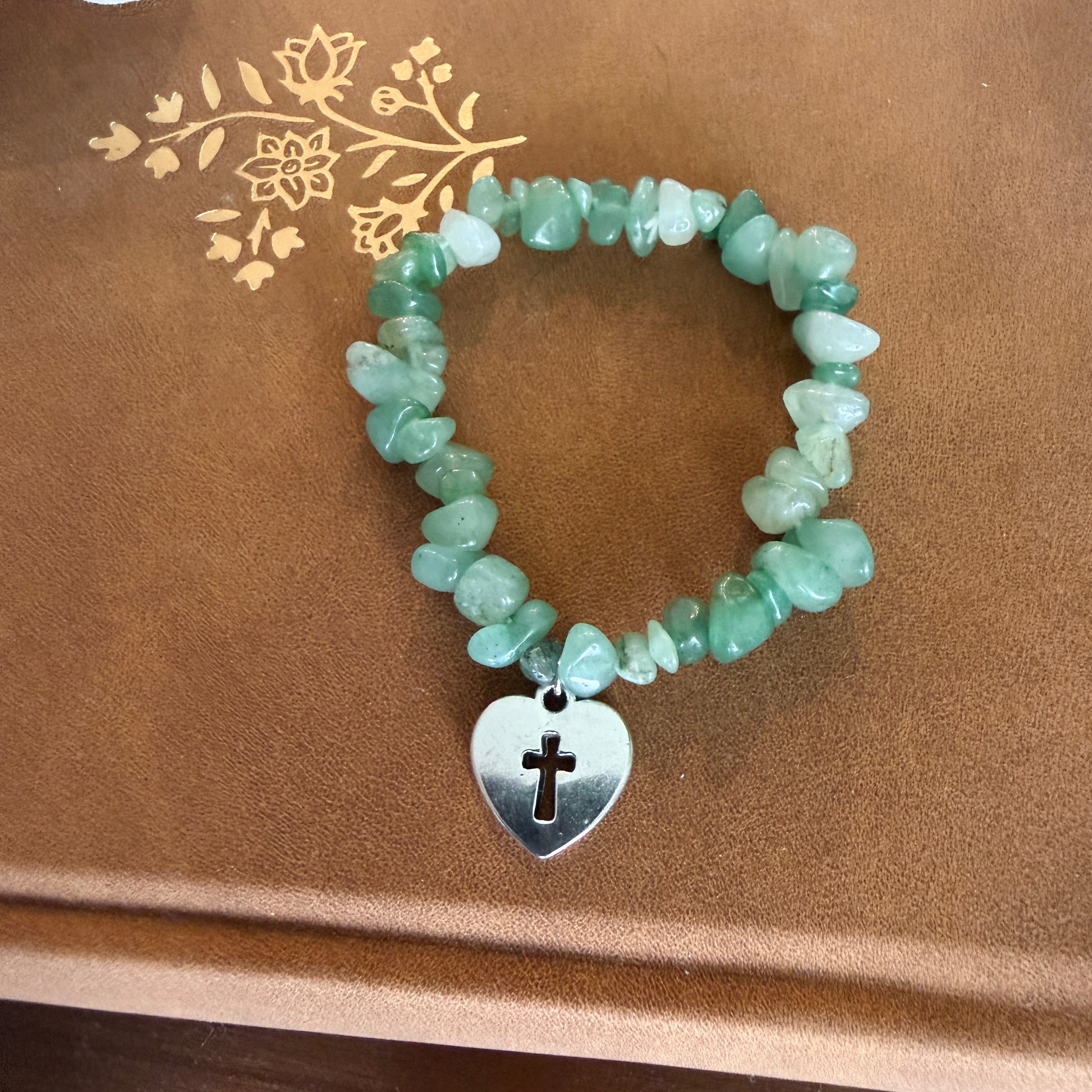 “King of my Heart” Handmade Glass Bead Stretch Bracelet with Heart w/ Cross Charm