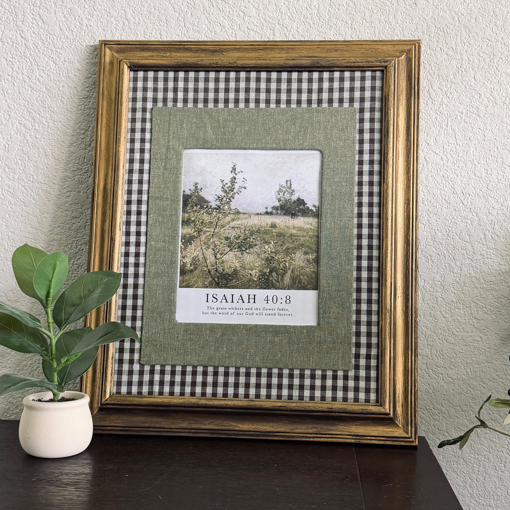 Isaiah 40:8 Bible Verse Print in Large Vintage Wood Refinished Frame with Layered Fabric Mat 18x22