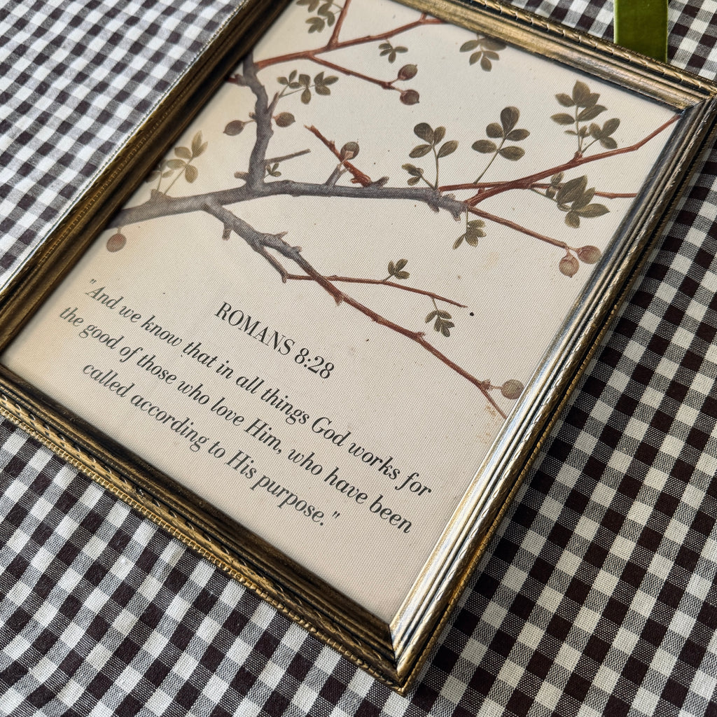 Romans 8:28 “God Works for the Good” Bible Verse in Refinished Vintage Detailed Wood Frame with Velvet Bow Hanger 8x10