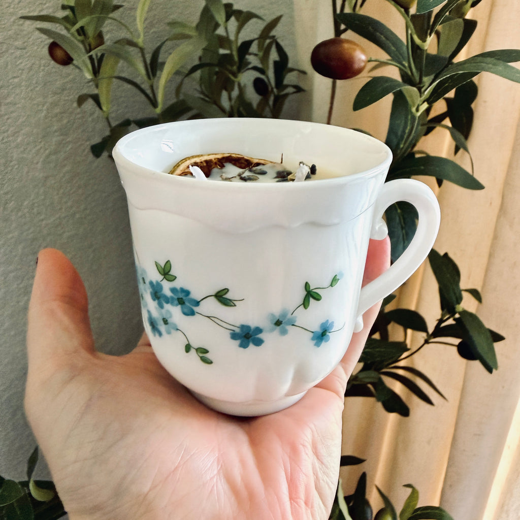 Clean Ingredient Hand Poured Candle in Vintage Blue Flower Tea Cup