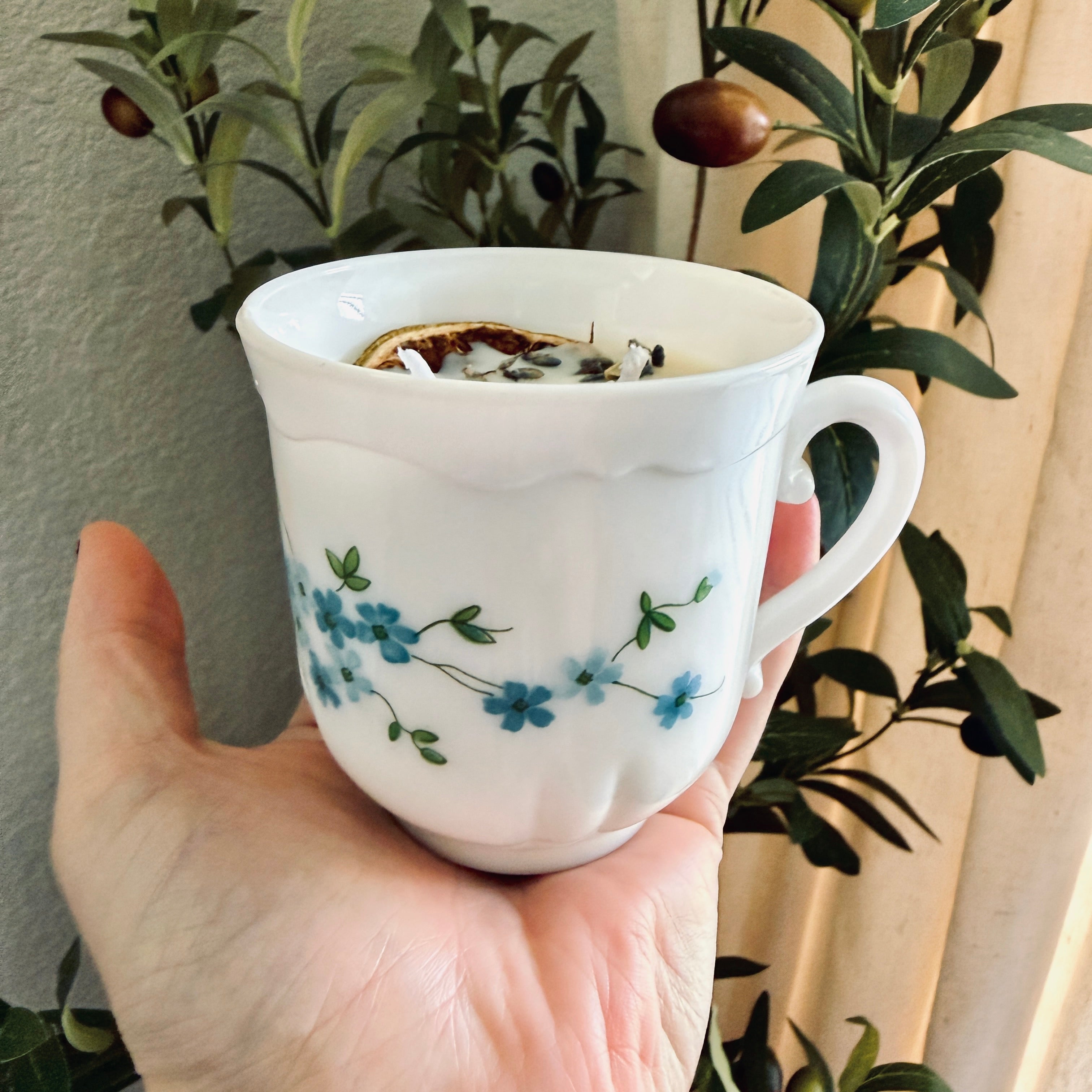 Clean Ingredient Hand Poured Candle in Vintage Blue Flower Tea Cup
