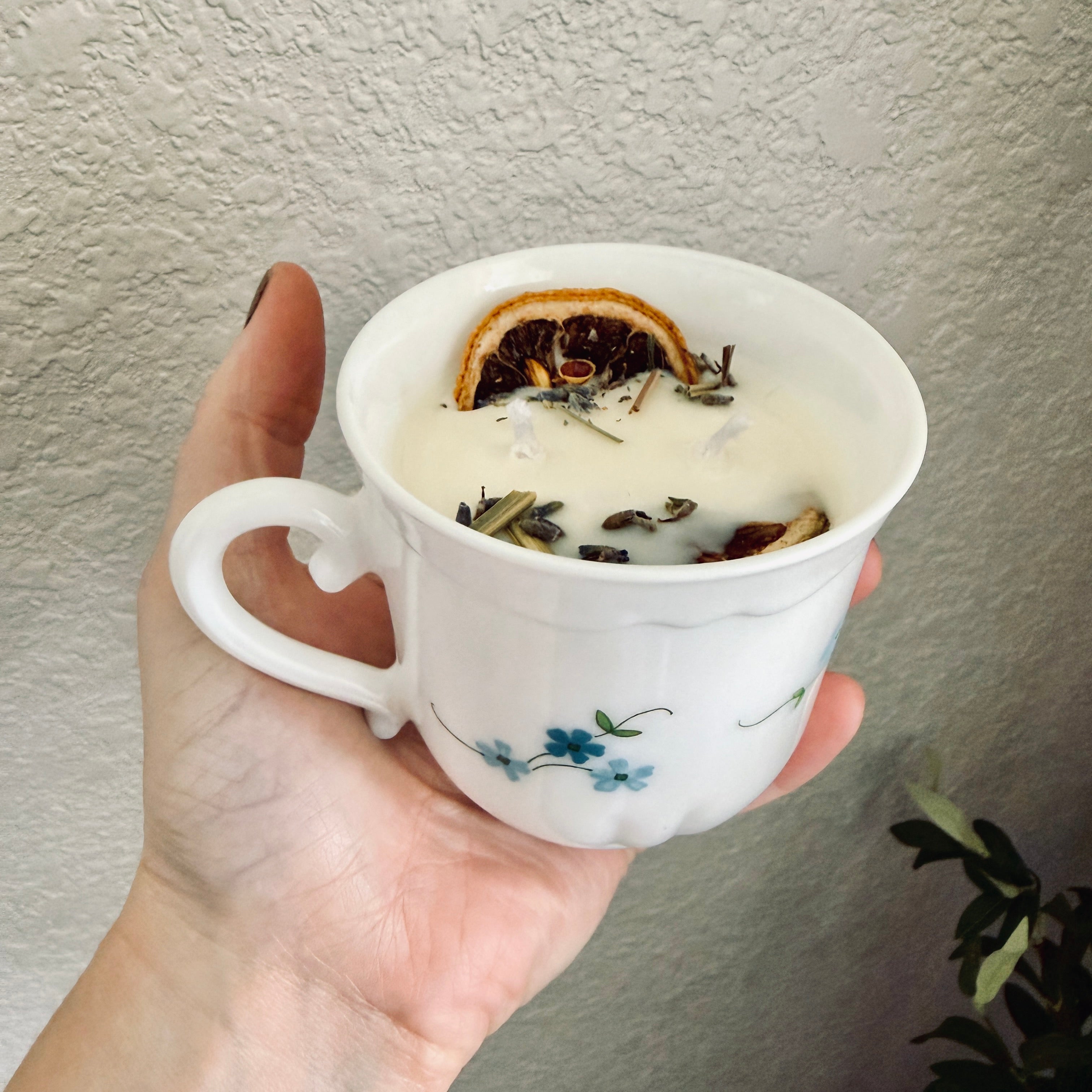 Clean Ingredient Hand Poured Candle in Vintage Blue Flower Tea Cup