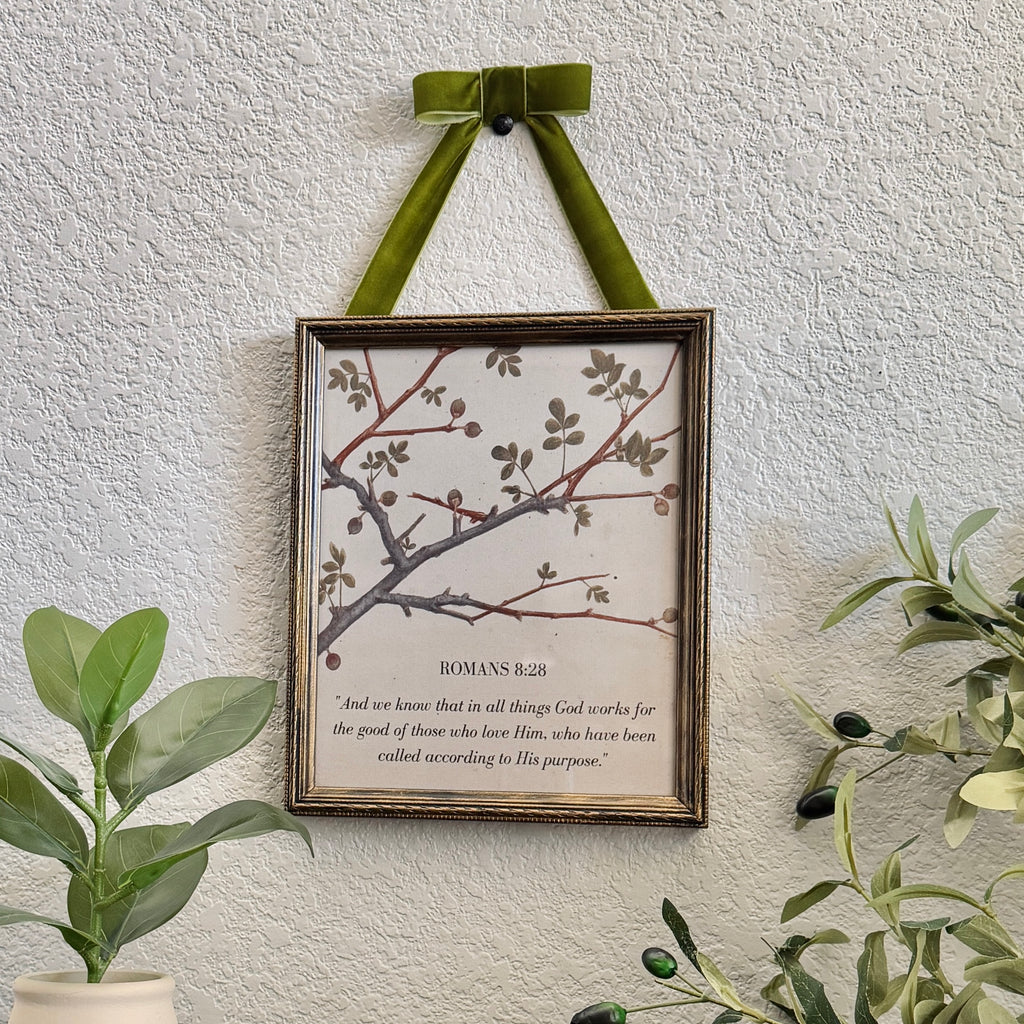 Romans 8:28 “God Works for the Good” Bible Verse in Refinished Vintage Detailed Wood Frame with Velvet Bow Hanger 8x10