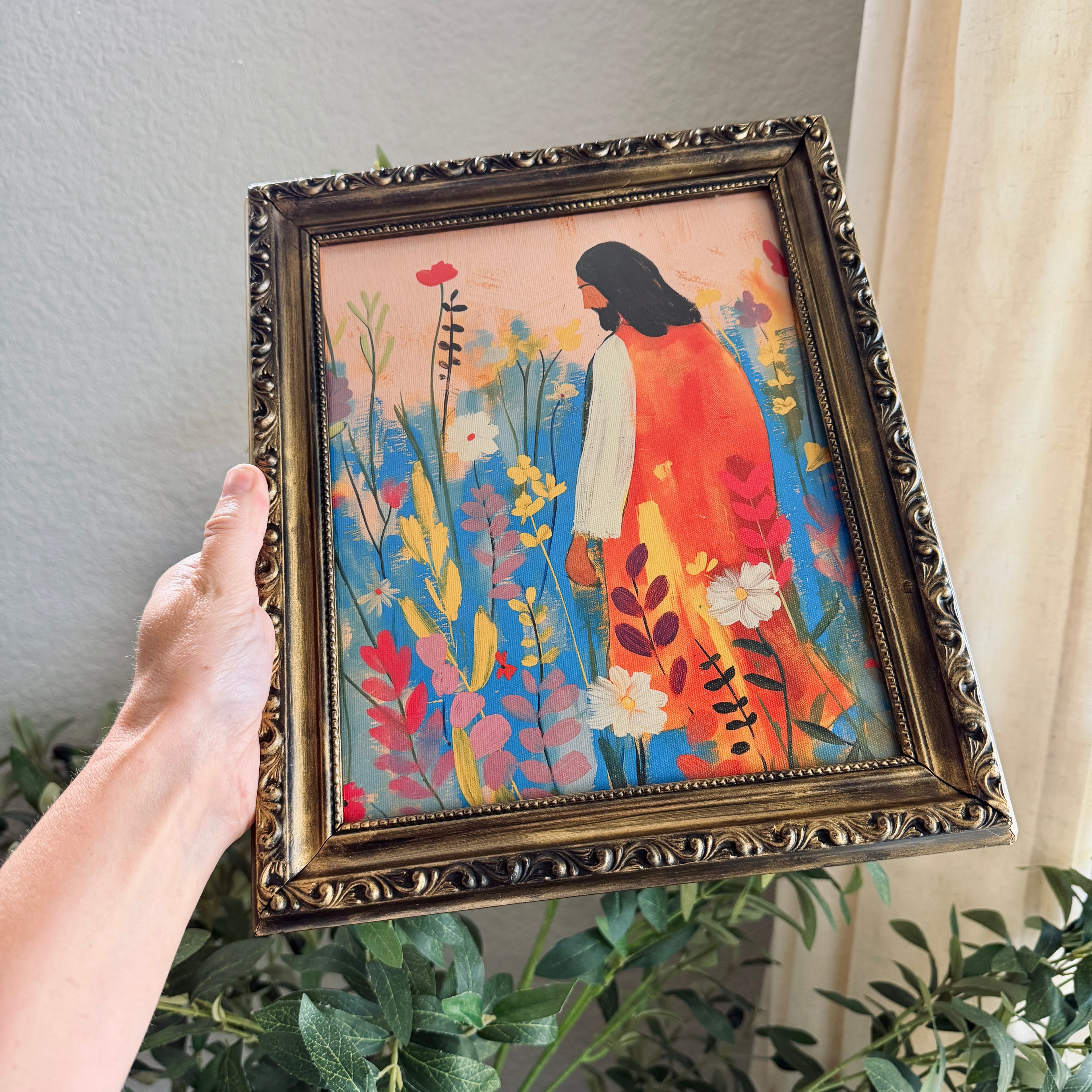 “Bloom with Christ” Jesus in Flowers in Refinished Vintage Detailed Ornate Wood Frame 8x10
