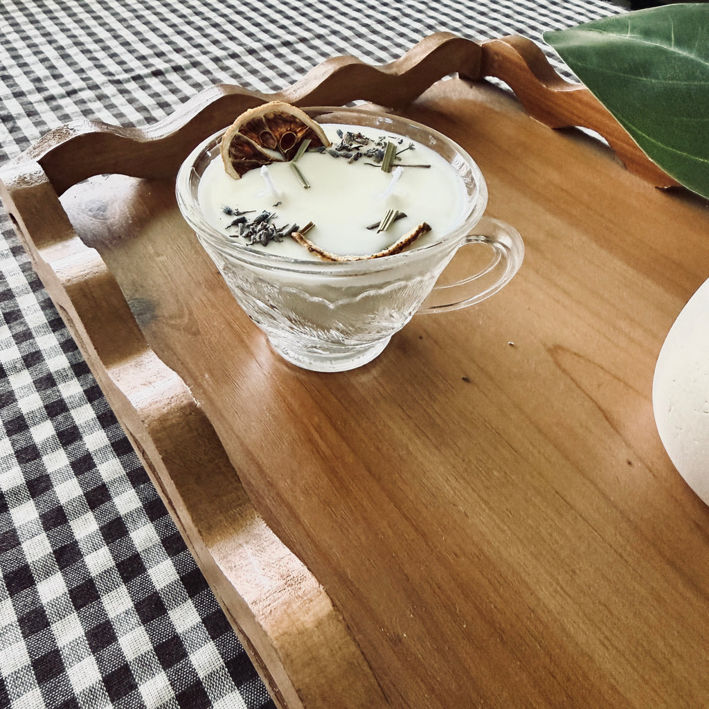 Clean Ingredient Hand Poured Candle in Vintage Leaves Pressed Glass Tea Cup