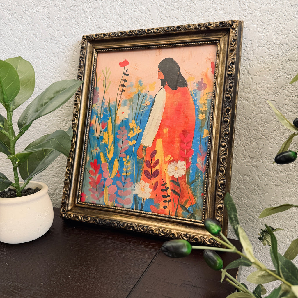 “Bloom with Christ” Jesus in Flowers in Refinished Vintage Detailed Ornate Wood Frame 8x10