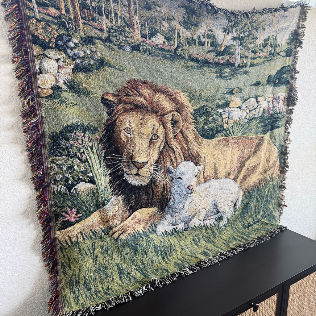 Vintage The Lion and The Lamb Tapestry Throw Blanket