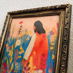 “Bloom with Christ” Jesus in Flowers in Refinished Vintage Detailed Ornate Wood Frame 8x10