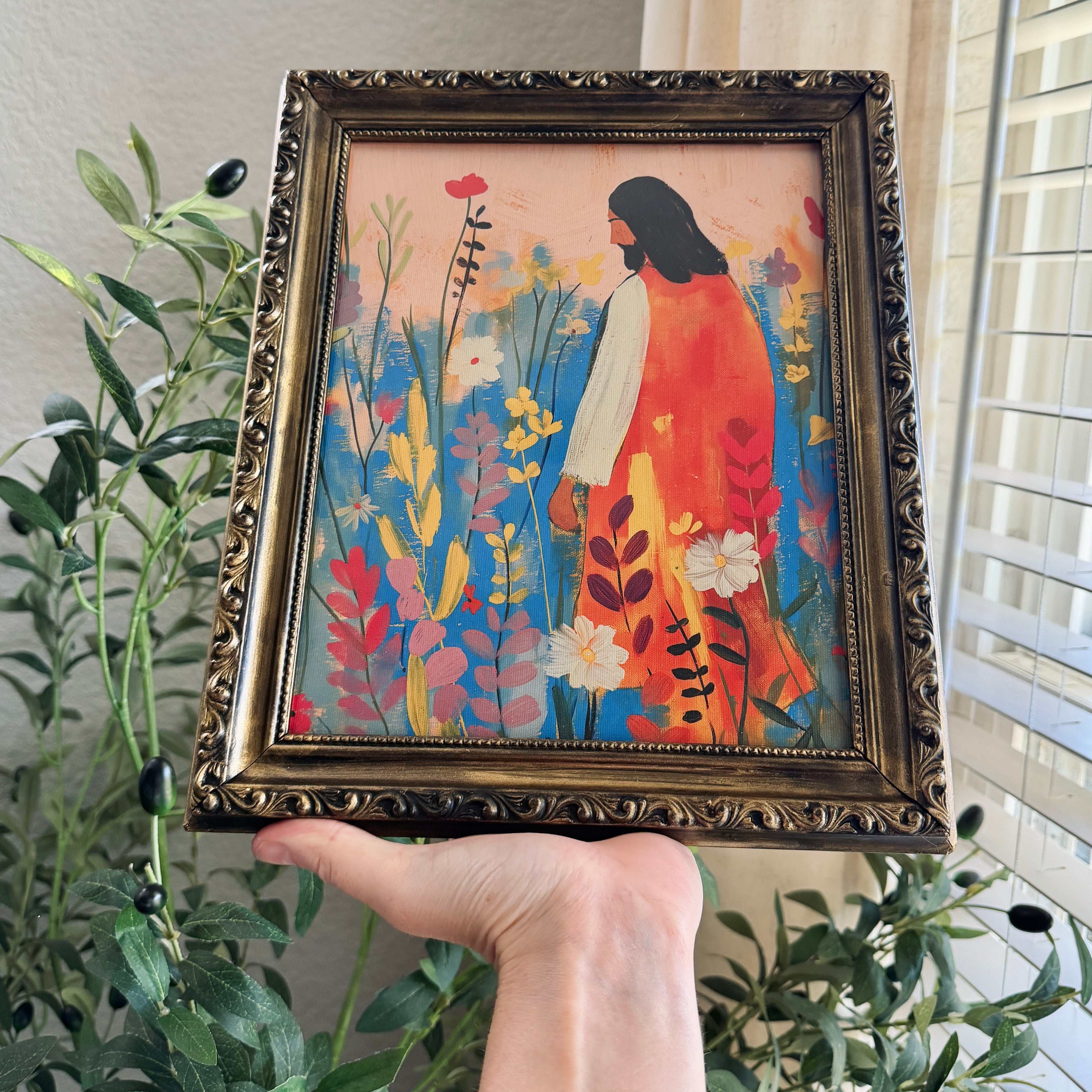 “Bloom with Christ” Jesus in Flowers in Refinished Vintage Detailed Ornate Wood Frame 8x10