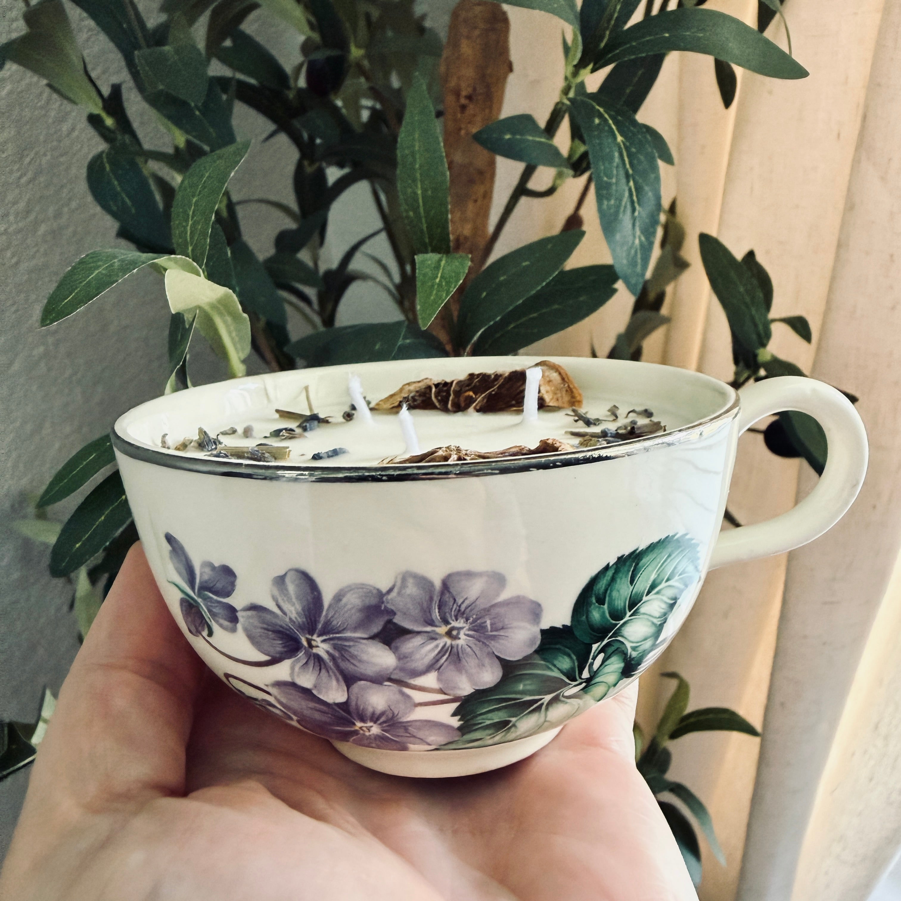 Clean Ingredient Hand Poured Candle in Vintage Purple Flower Large Glass Tea Cup