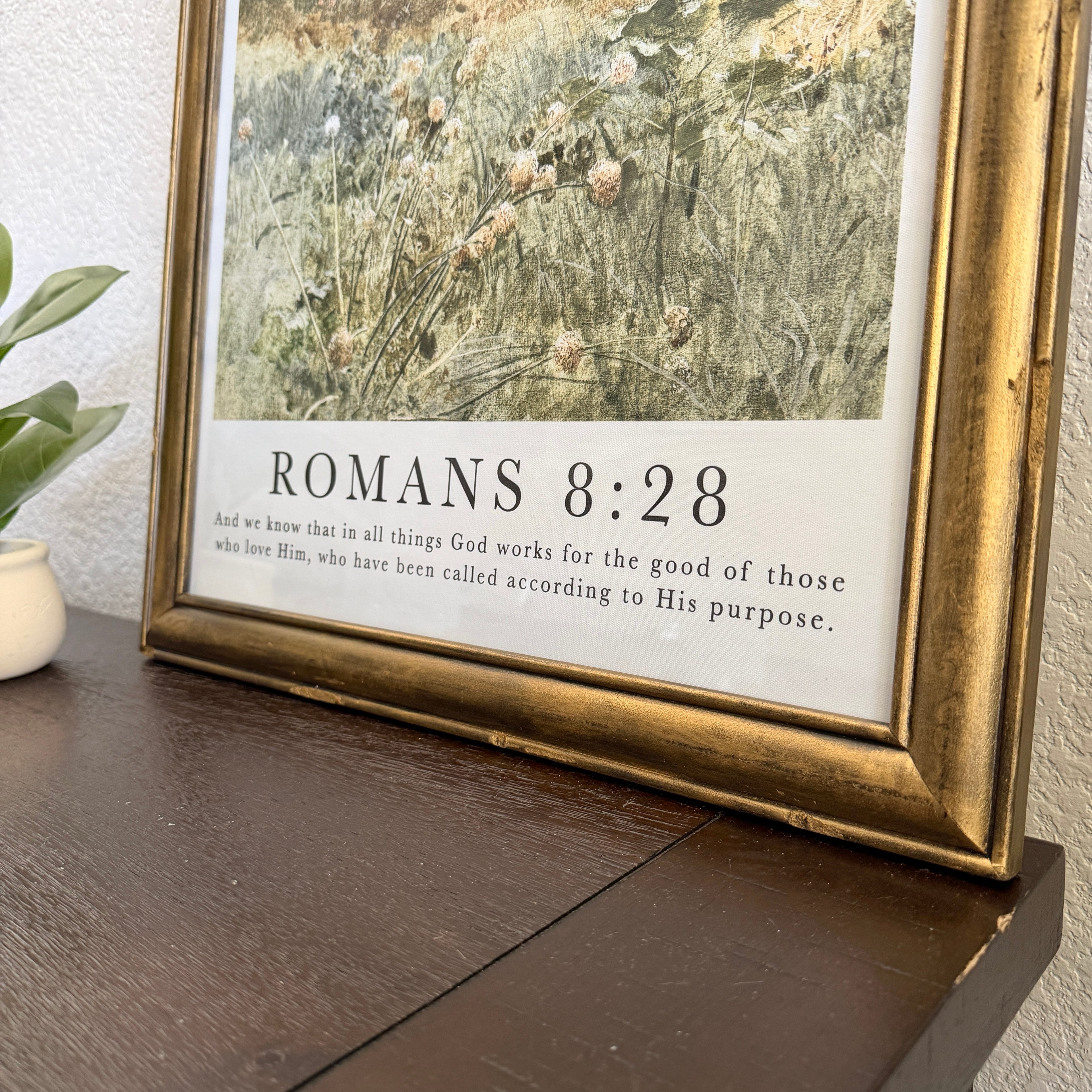 Romans 8:28 Bible Verse Print in Refinished Vintage Distressed Wood Frame 16x20