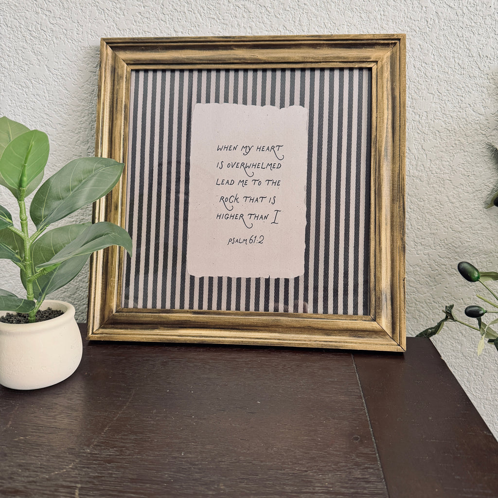 Psalm 61:2 “Lead me to the Rock” Verse Print in Refinished Vintage Wood Frame 14.5x14.5